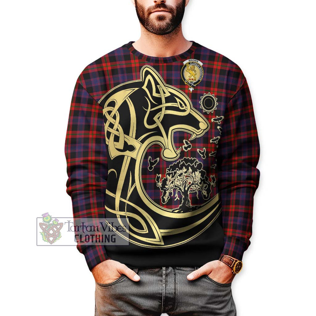 Brown (Broun) Tartan Sweatshirt with Family Crest Celtic Wolf Style Unisex - Tartan Vibes Clothing