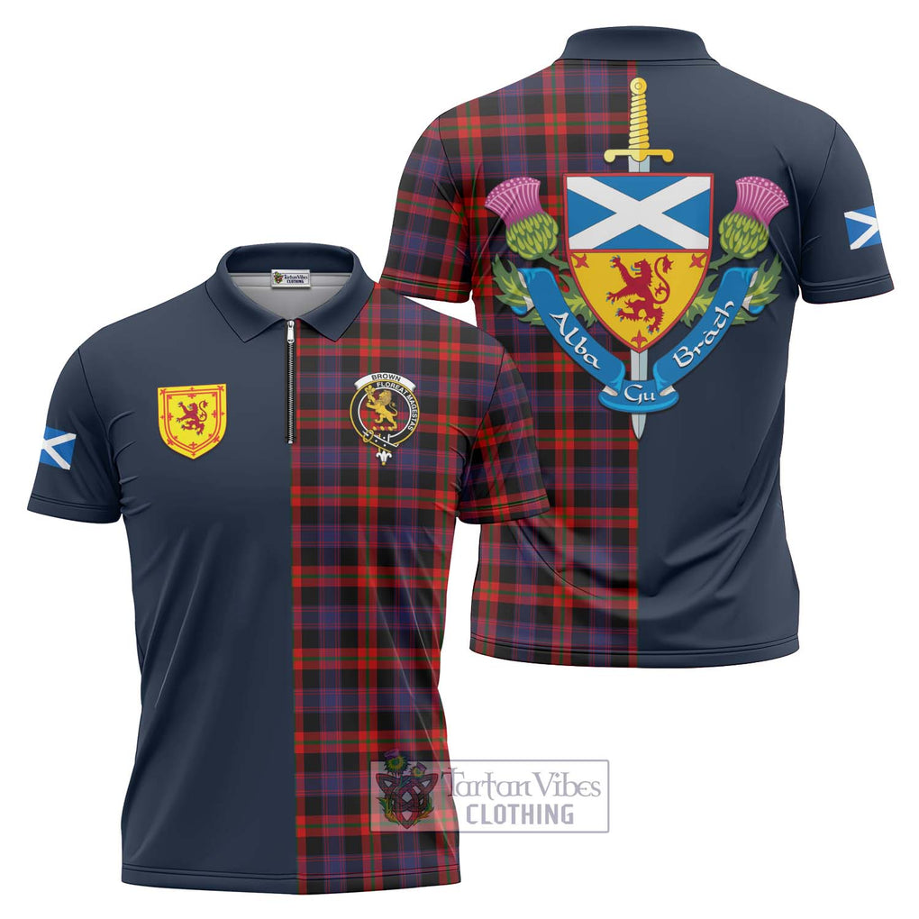 Tartan Vibes Clothing Brown Tartan Zipper Polo Shirt with Scottish Lion Royal Arm Half Style