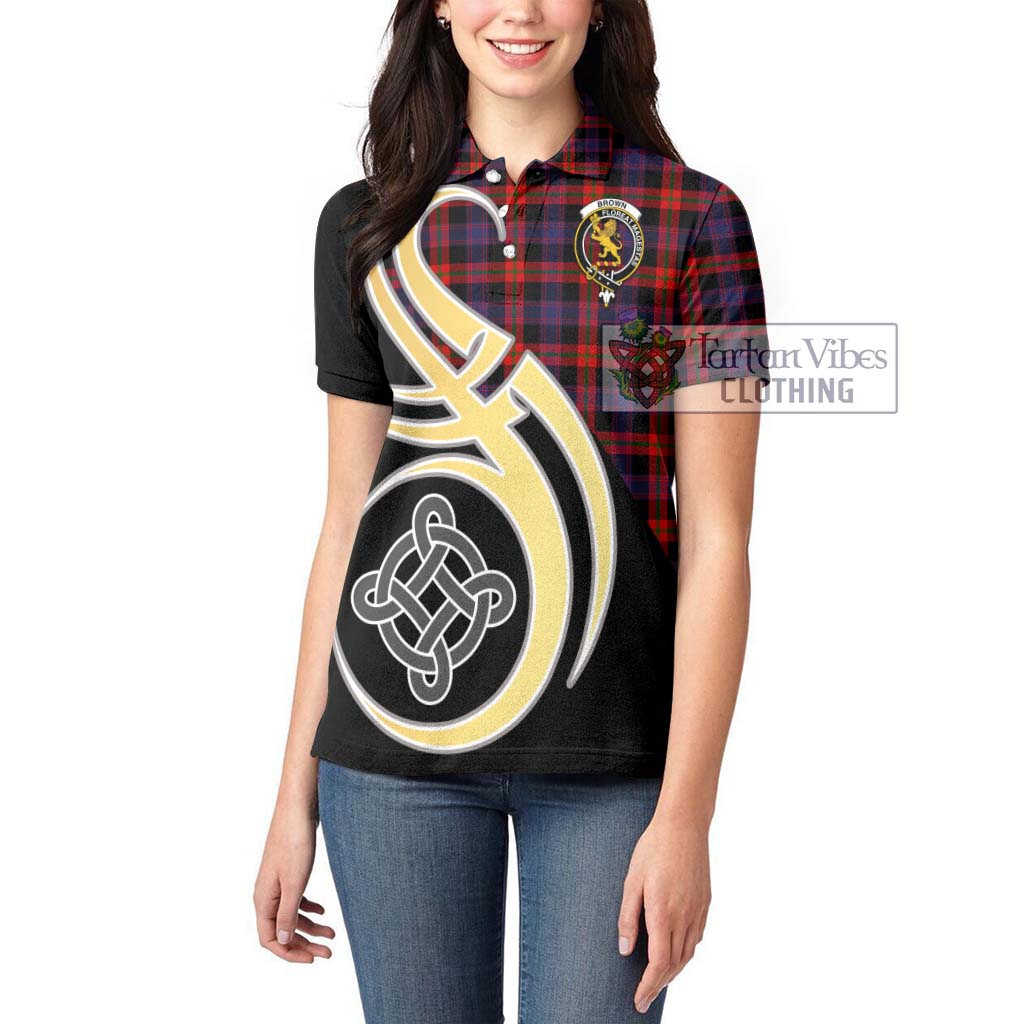 Brown (Broun) Tartan Women's Polo Shirt with Family Crest and Celtic Symbol Style Women - Tartan Vibes Clothing