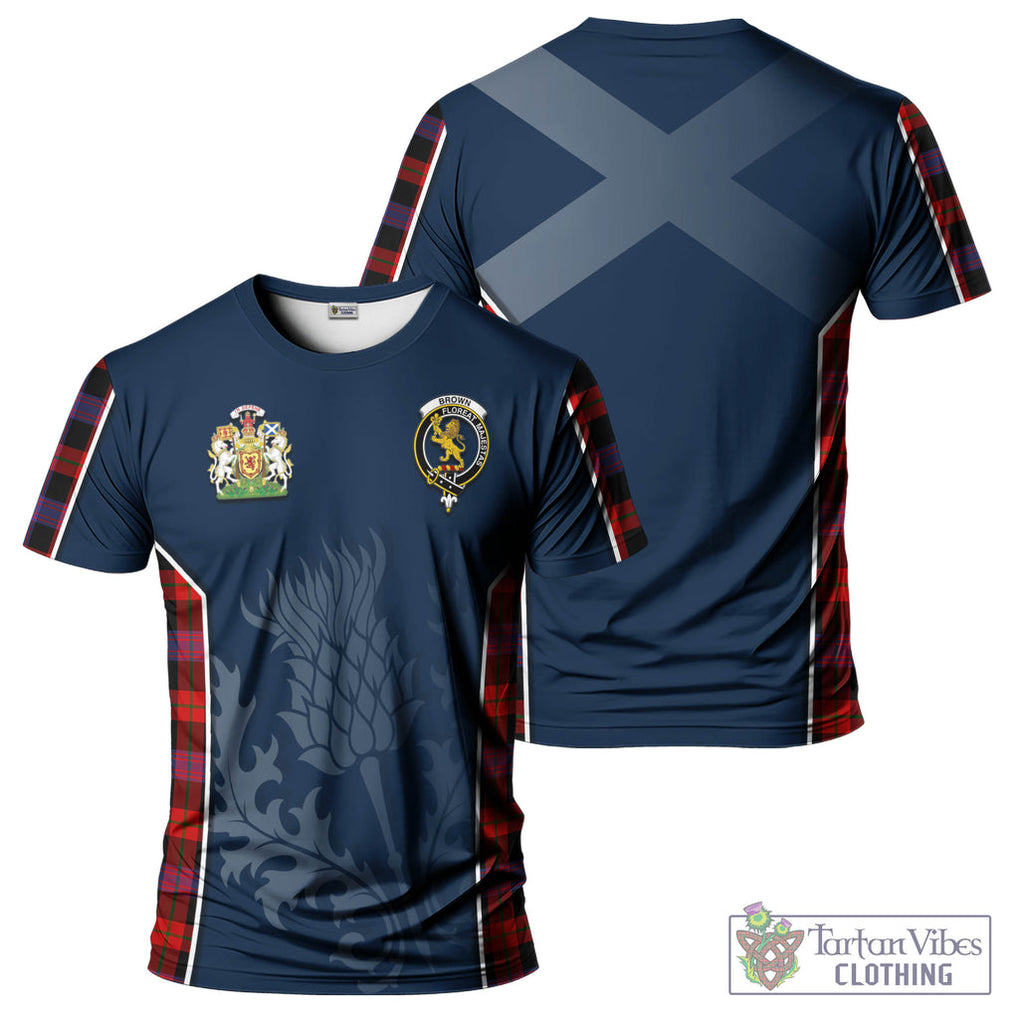 Tartan Vibes Clothing Brown Tartan T-Shirt with Family Crest and Scottish Thistle Vibes Sport Style