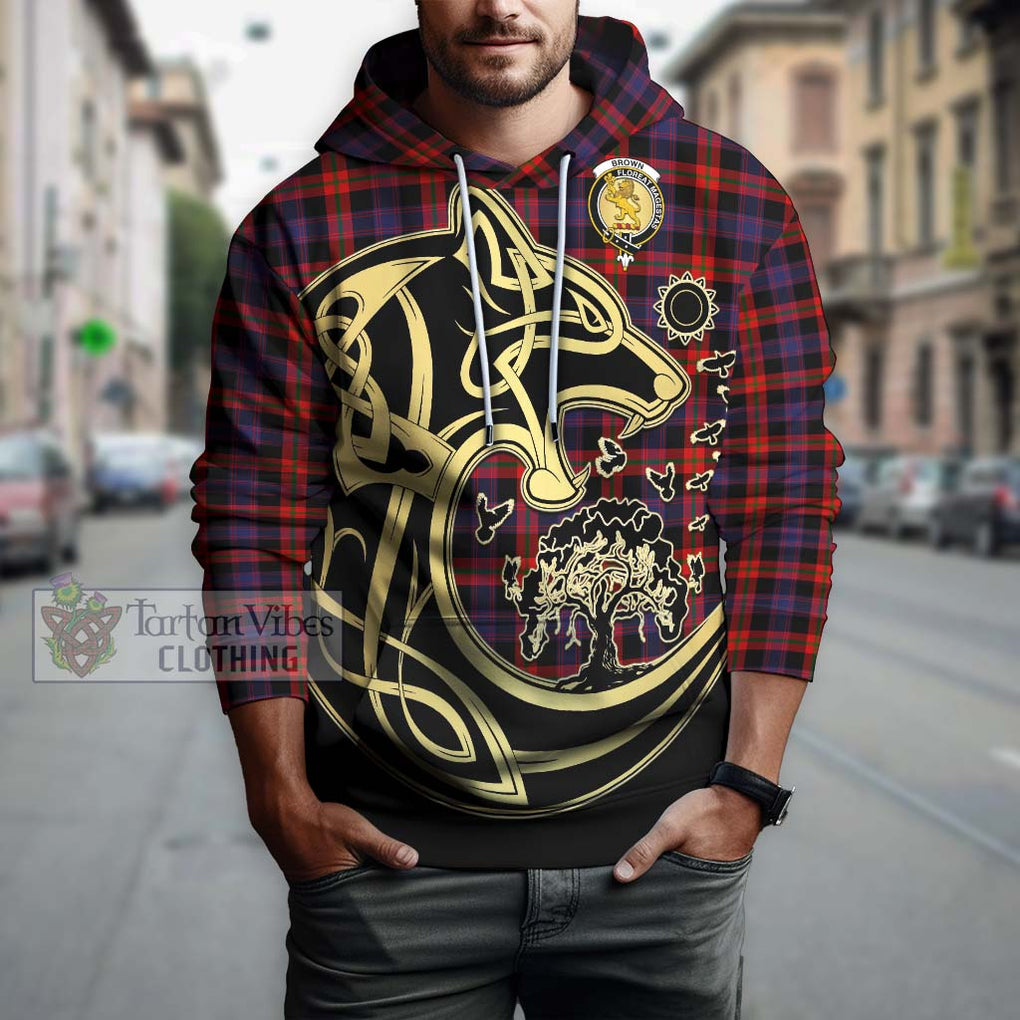 Brown (Broun) Tartan Hoodie with Family Crest Celtic Wolf Style Zip Hoodie - Tartan Vibes Clothing