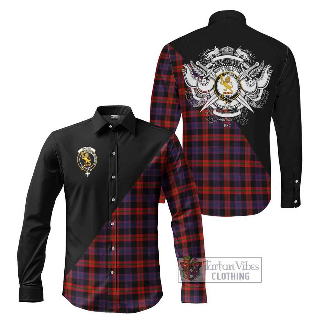 Brown (Broun) Tartan Long Sleeve Button Shirt with Family Crest and Military Logo Style Men's Shirt S - Tartanvibesclothing Shop