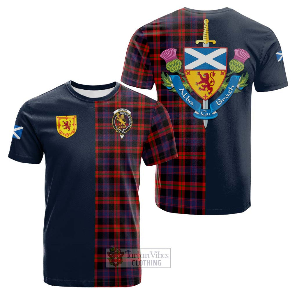 Tartan Vibes Clothing Brown Tartan Cotton T-shirt with Scottish Lion Royal Arm Half Style