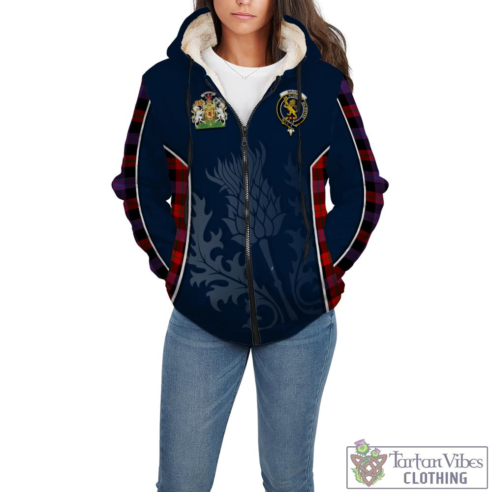Tartan Vibes Clothing Brown Tartan Sherpa Hoodie with Family Crest and Scottish Thistle Vibes Sport Style