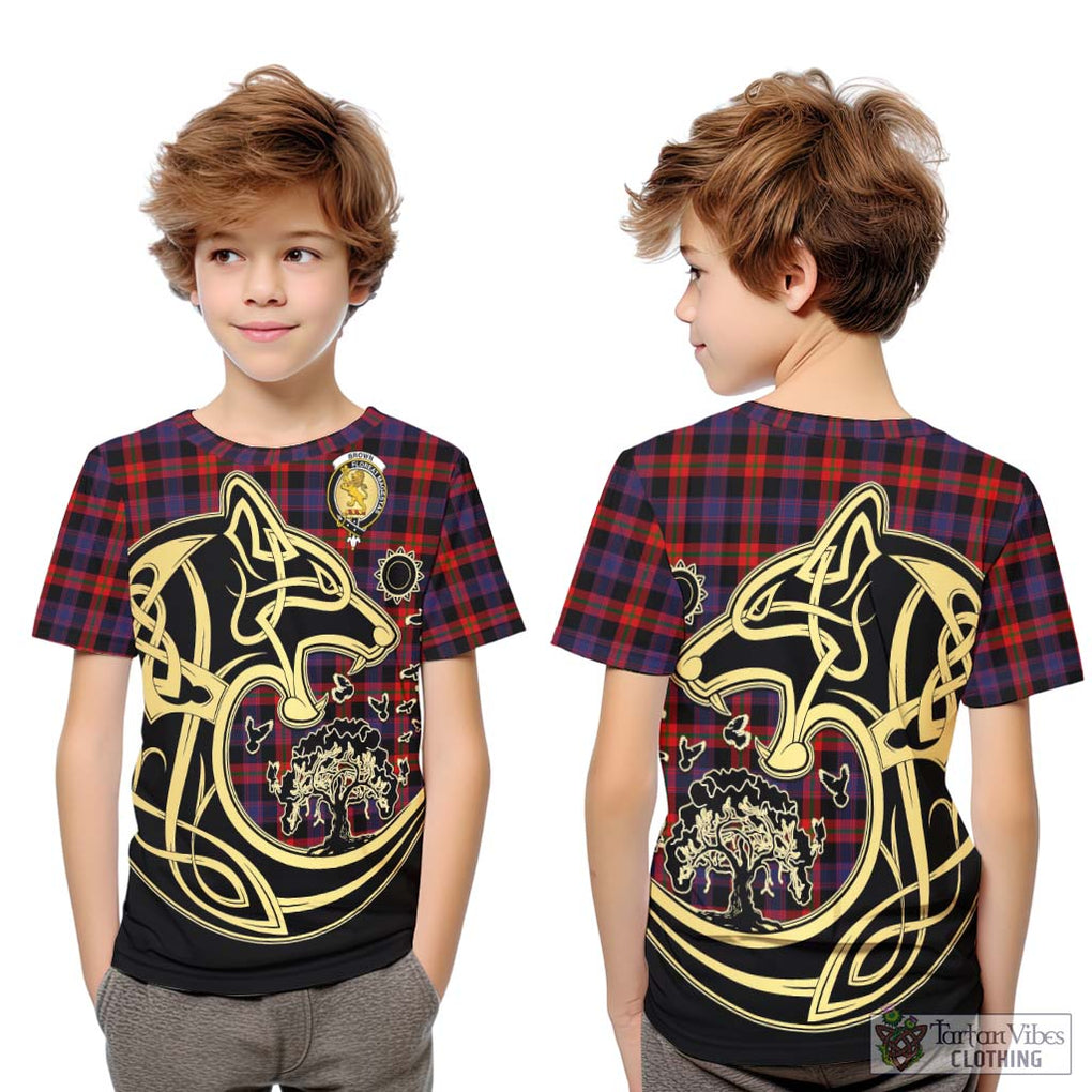 Brown (Broun) Tartan Kid T-Shirt with Family Crest Celtic Wolf Style Youth XL Size14 - Tartan Vibes Clothing