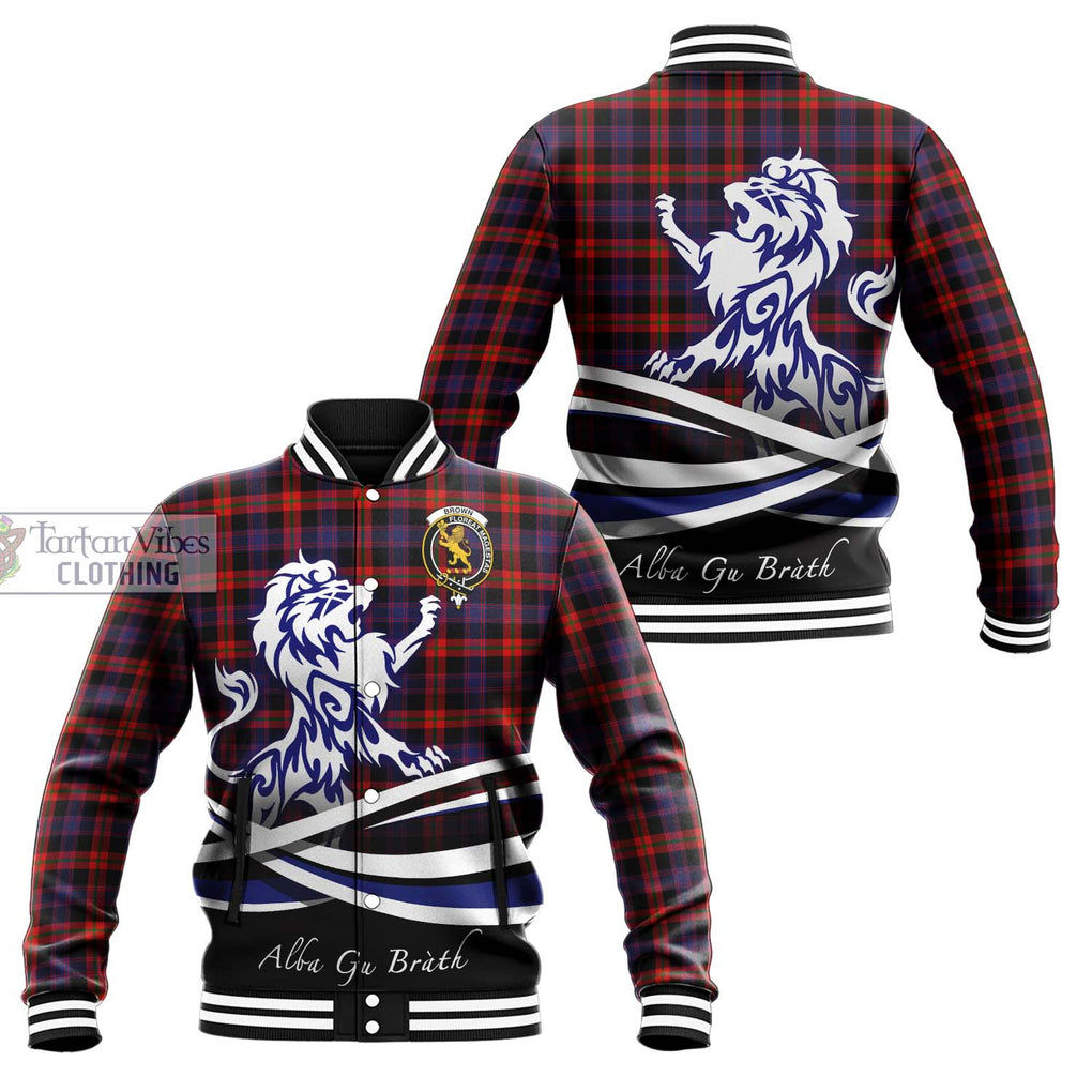 Brown (Broun) Tartan Baseball Jacket with Alba Gu Brath Regal Lion Emblem Unisex - Tartanvibesclothing Shop