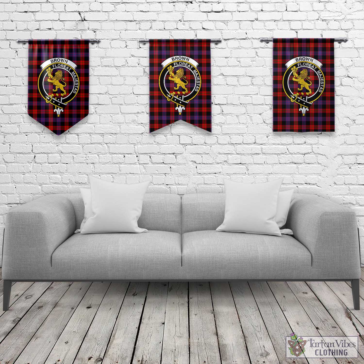 Tartan Vibes Clothing Brown Tartan Gonfalon, Tartan Banner with Family Crest