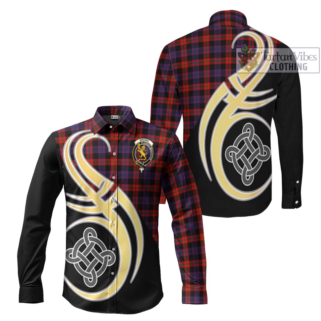 Brown (Broun) Tartan Long Sleeve Button Shirt with Family Crest and Celtic Symbol Style Men's Shirt S - Tartan Vibes Clothing