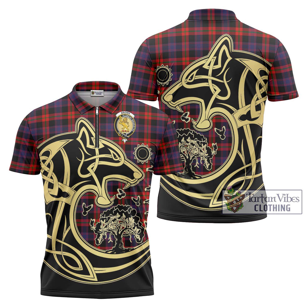 Brown (Broun) Tartan Zipper Polo Shirt with Family Crest Celtic Wolf Style Unisex - Tartanvibesclothing Shop