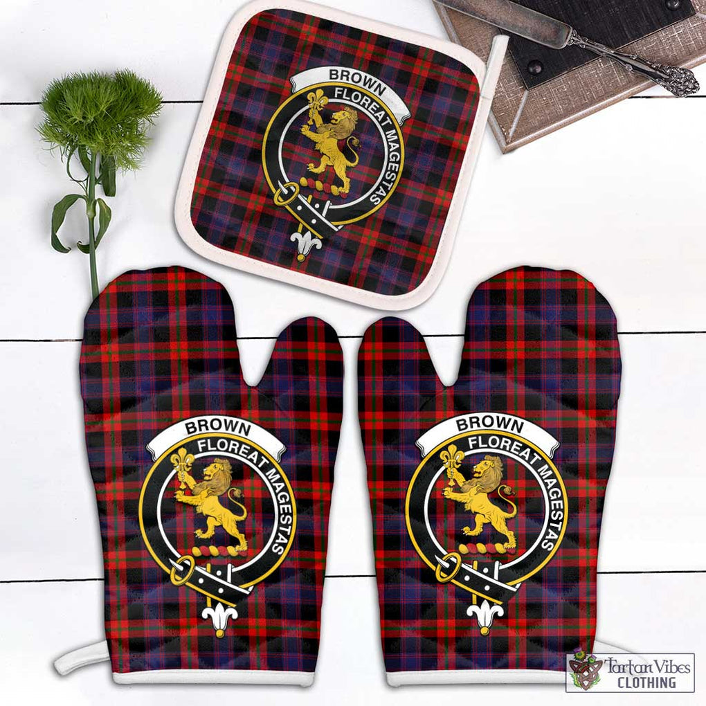 Brown (Broun) Tartan Combo Oven Mitt & Pot-Holder with Family Crest Combo 2 Oven Mitt & 1 Pot-Holder Black - Tartan Vibes Clothing