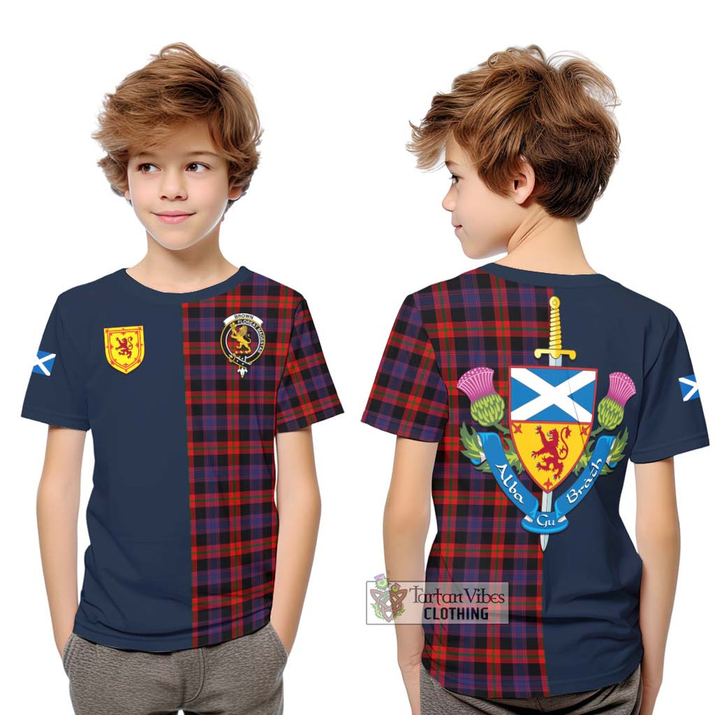 Tartan Vibes Clothing Brown Tartan Kid T-Shirt with Scottish Lion Royal Arm Half Style