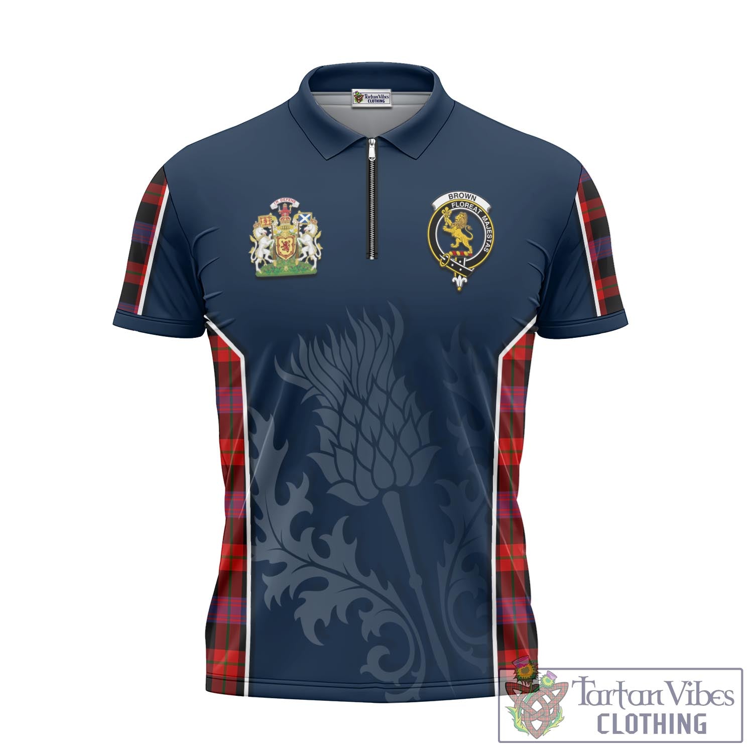 Tartan Vibes Clothing Brown Tartan Zipper Polo Shirt with Family Crest and Scottish Thistle Vibes Sport Style
