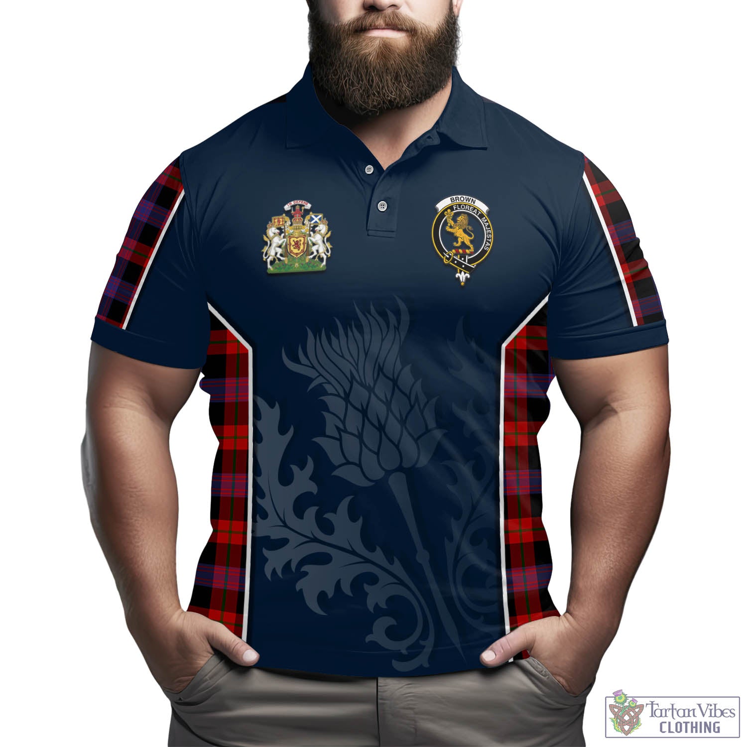 Tartan Vibes Clothing Brown Tartan Men's Polo Shirt with Family Crest and Scottish Thistle Vibes Sport Style
