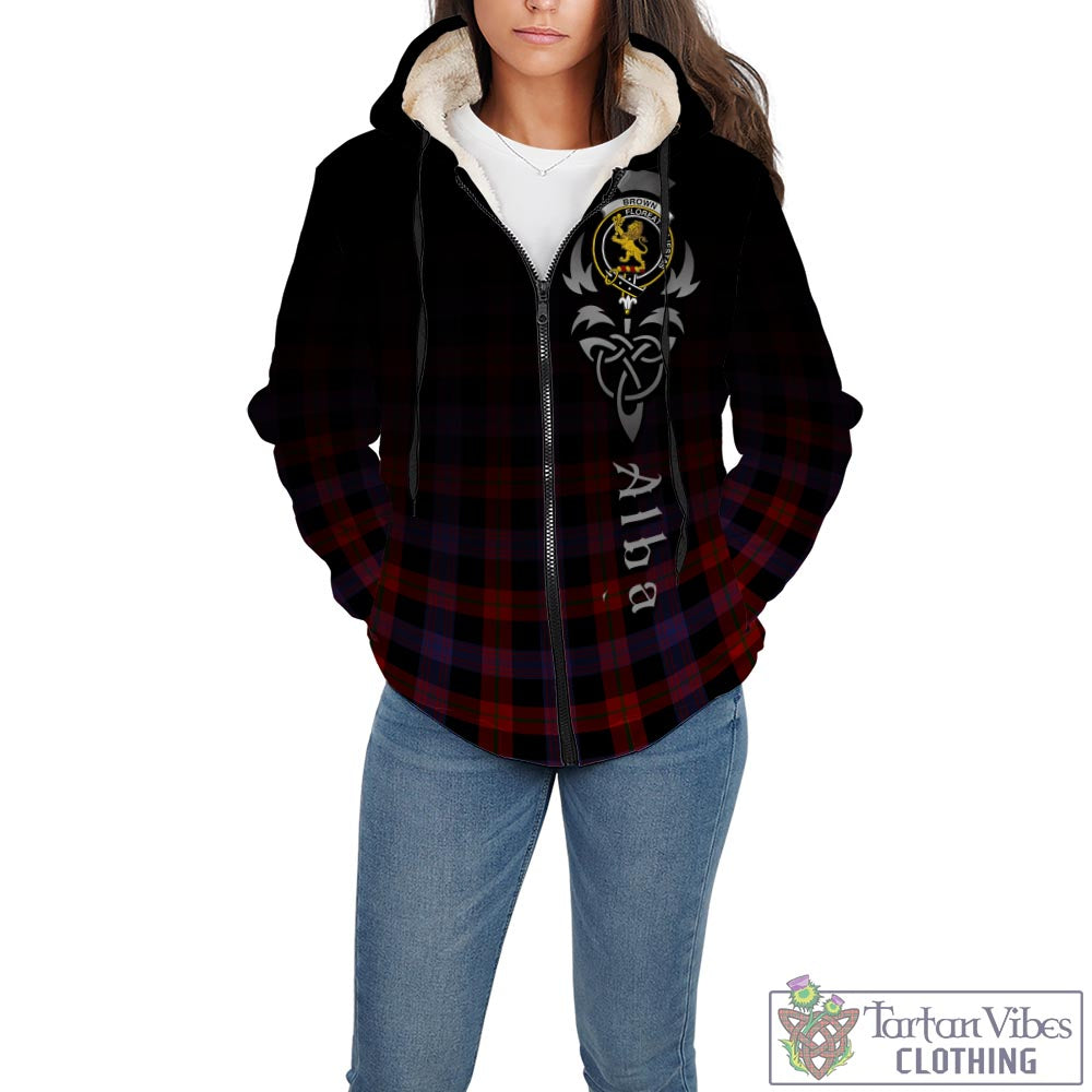 Tartan Vibes Clothing Brown Tartan Sherpa Hoodie Featuring Alba Gu Brath Family Crest Celtic Inspired