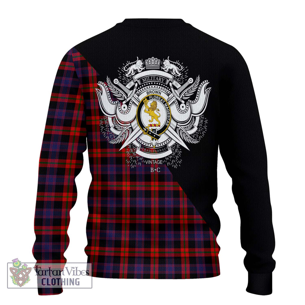 Brown (Broun) Tartan Knitted Sweater with Family Crest and Military Logo Style - Tartanvibesclothing Shop