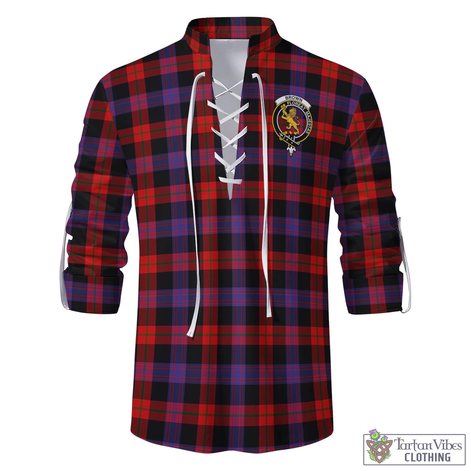 Tartan Vibes Clothing Brown Tartan Men's Scottish Traditional Jacobite Ghillie Kilt Shirt with Family Crest