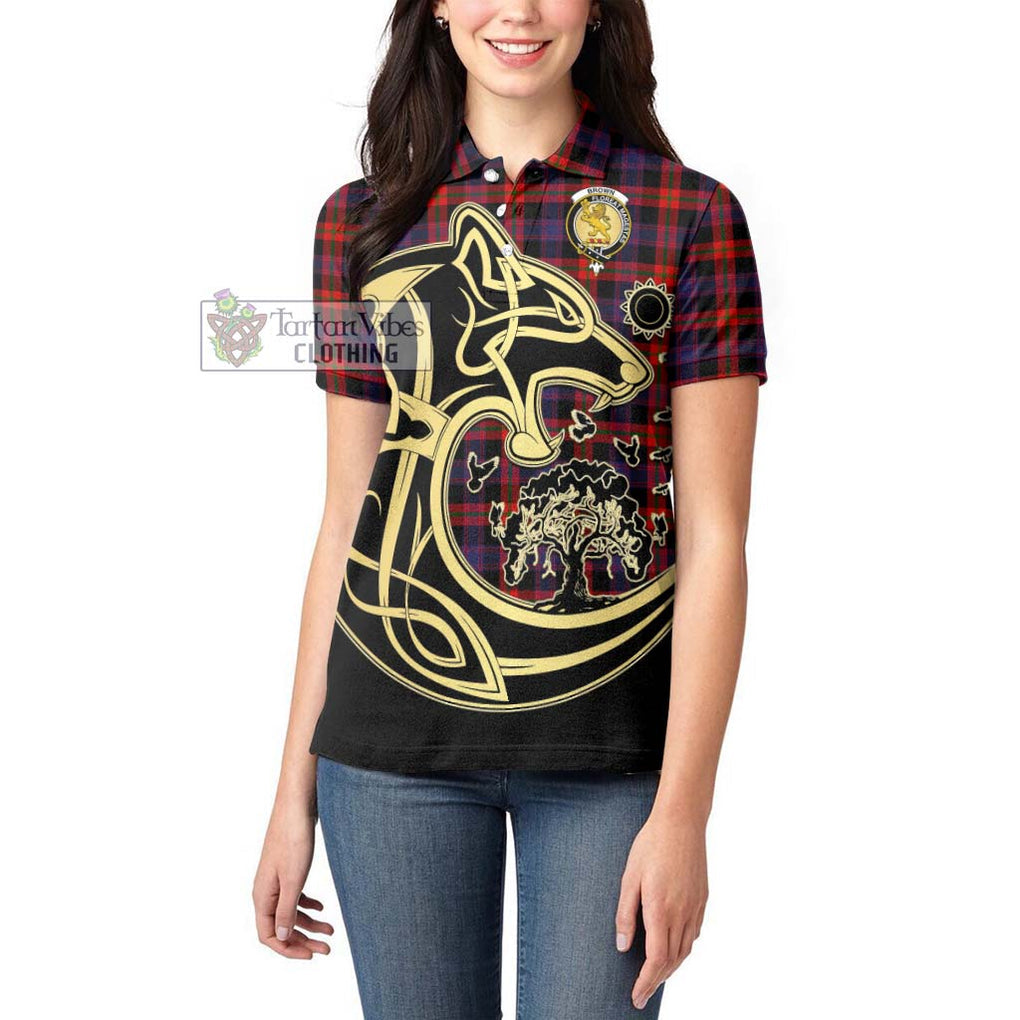 Brown (Broun) Tartan Women's Polo Shirt with Family Crest Celtic Wolf Style - Tartanvibesclothing Shop