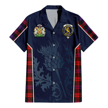 Brown Tartan Short Sleeve Button Up Shirt with Family Crest and Scottish Thistle Vibes Sport Style