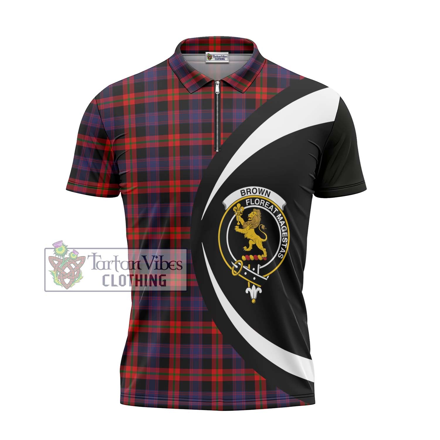 Tartan Vibes Clothing Brown Tartan Zipper Polo Shirt with Family Crest Circle Style