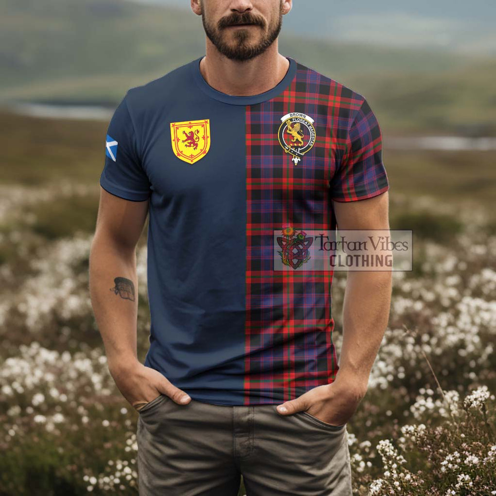 Tartan Vibes Clothing Brown Tartan T-Shirt Alba with Scottish Lion Royal Arm Half Style