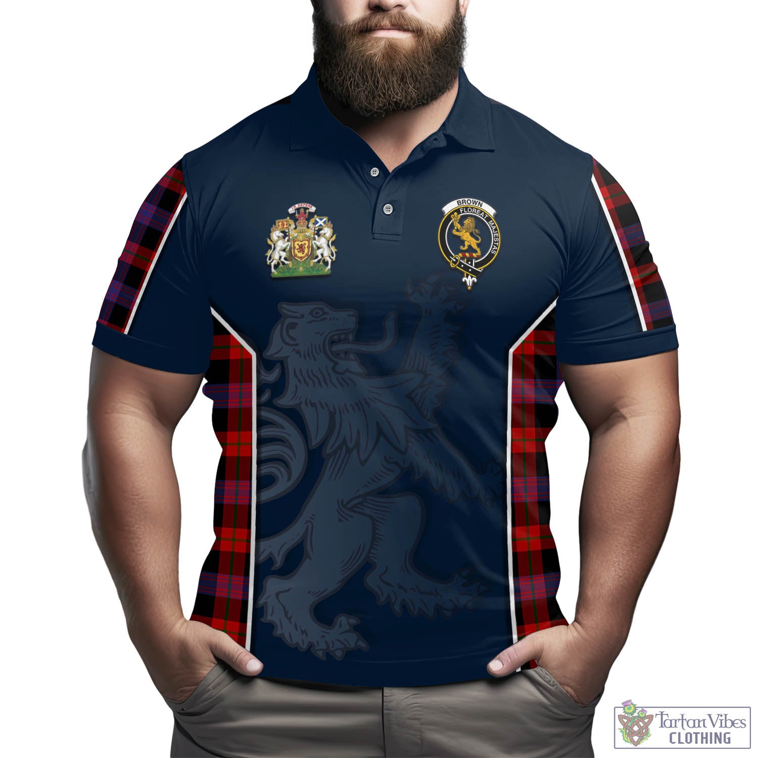 Tartan Vibes Clothing Brown Tartan Men's Polo Shirt with Family Crest and Lion Rampant Vibes Sport Style