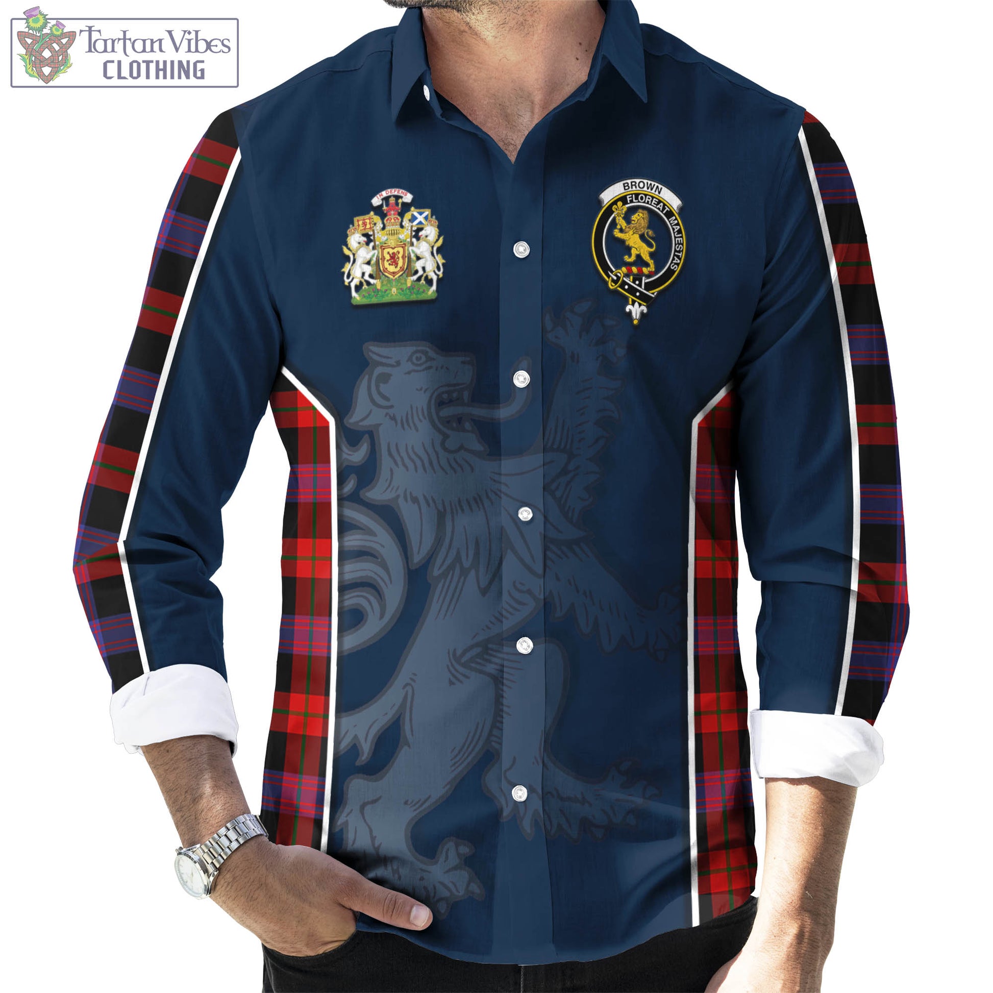 Tartan Vibes Clothing Brown Tartan Long Sleeve Button Up Shirt with Family Crest and Lion Rampant Vibes Sport Style