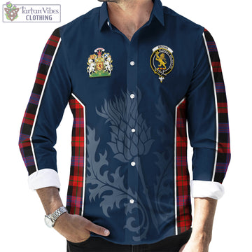 Brown Tartan Long Sleeve Button Up Shirt with Family Crest and Scottish Thistle Vibes Sport Style