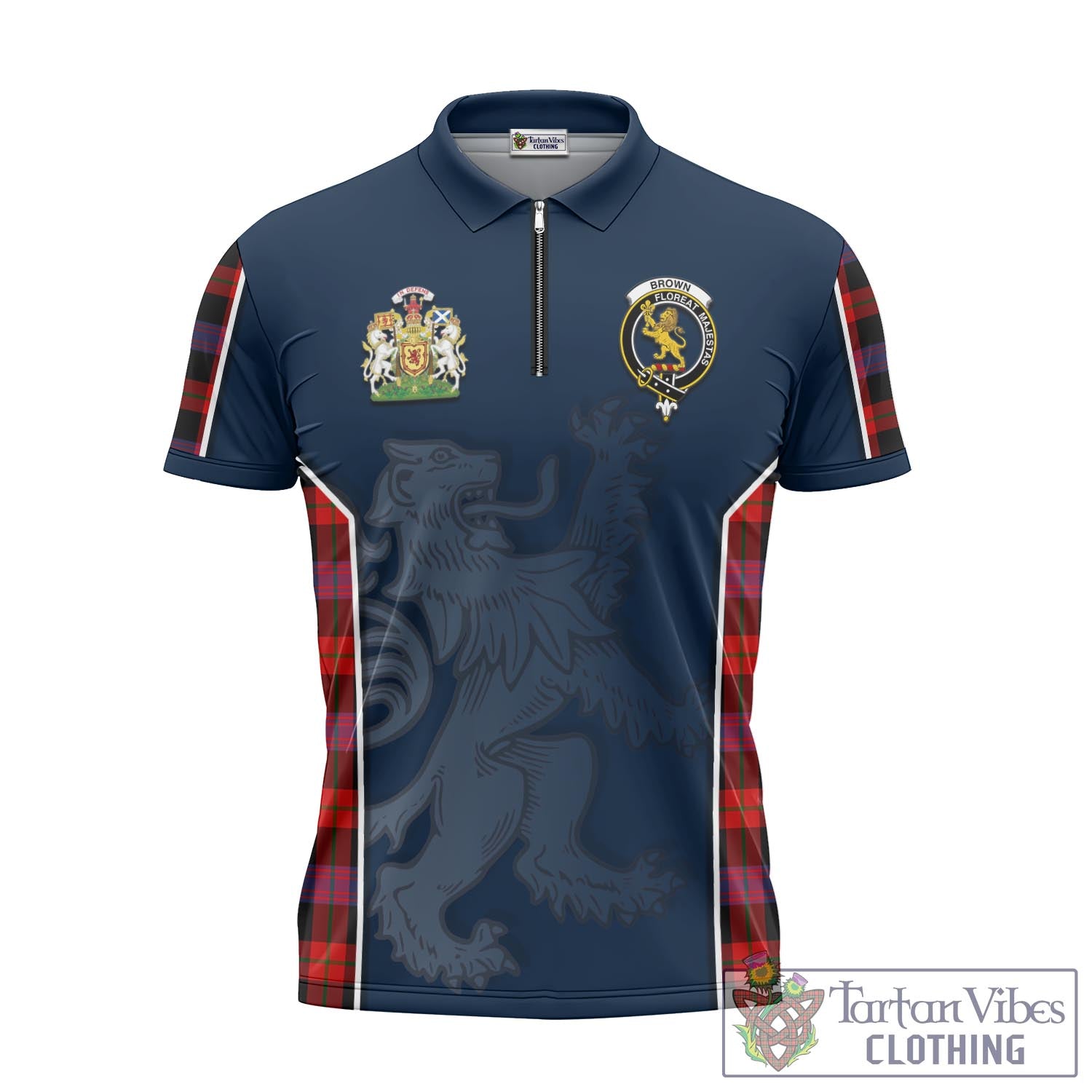 Tartan Vibes Clothing Brown Tartan Zipper Polo Shirt with Family Crest and Lion Rampant Vibes Sport Style