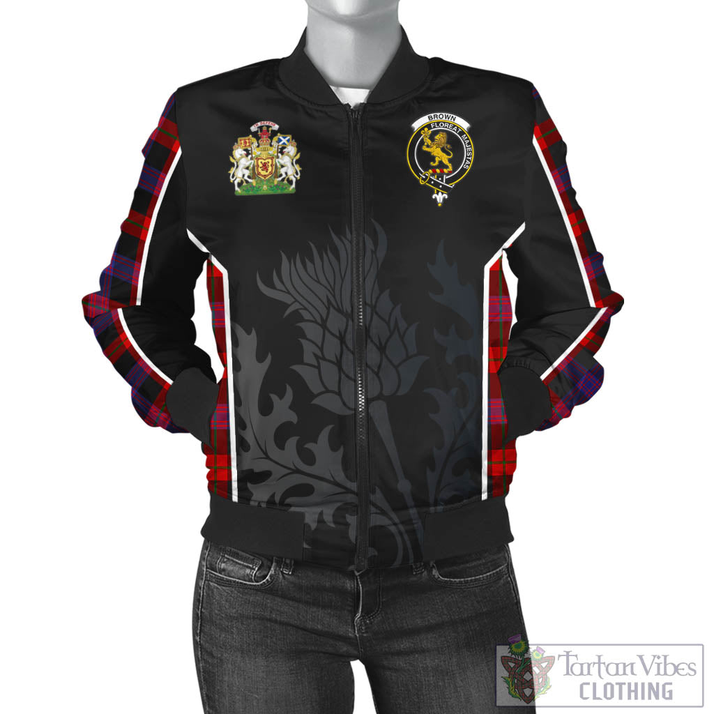 Tartan Vibes Clothing Brown Tartan Bomber Jacket with Family Crest and Scottish Thistle Vibes Sport Style