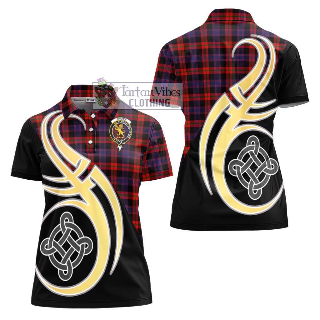 Brown (Broun) Tartan Women's Polo Shirt with Family Crest and Celtic Symbol Style - Tartan Vibes Clothing