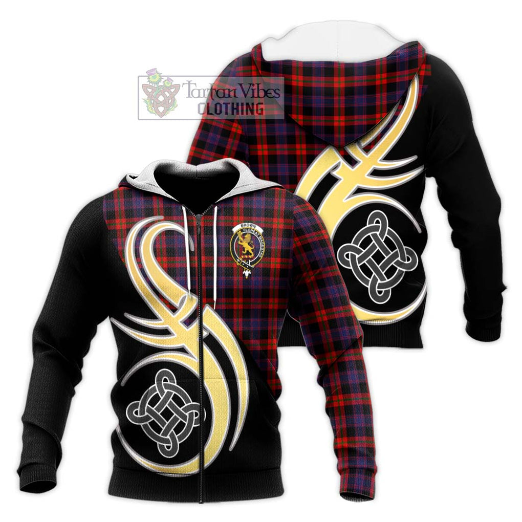 Brown (Broun) Tartan Knitted Hoodie with Family Crest and Celtic Symbol Style Unisex Knitted Zip Hoodie - Tartan Vibes Clothing