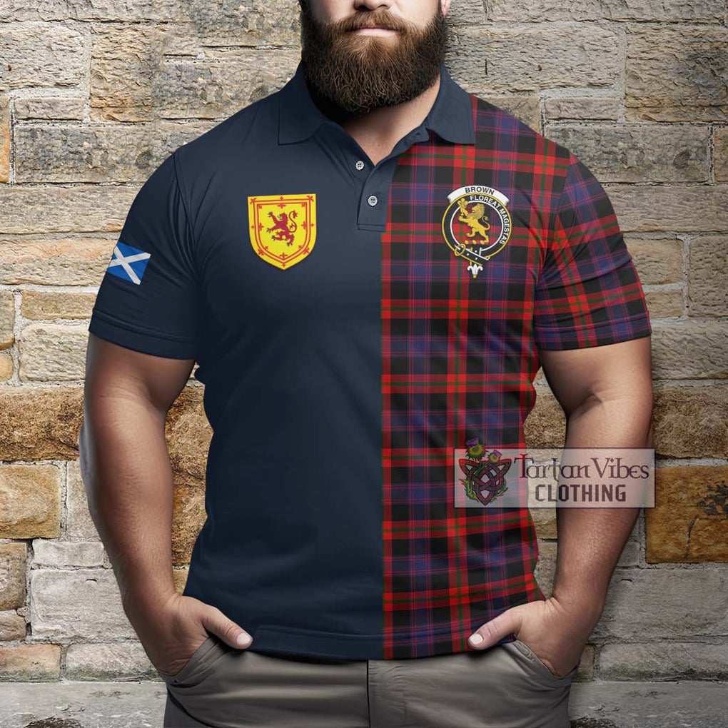 Tartan Vibes Clothing Brown Tartan Polo Shirt with Scottish Lion Royal Arm Half Style