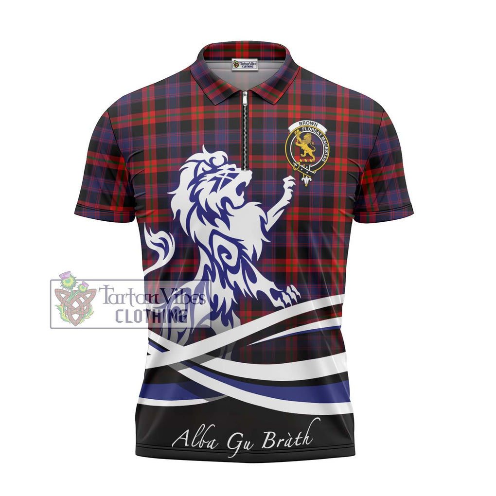 Brown (Broun) Tartan Zipper Polo Shirt with Alba Gu Brath Regal Lion Emblem - Tartan Vibes Clothing
