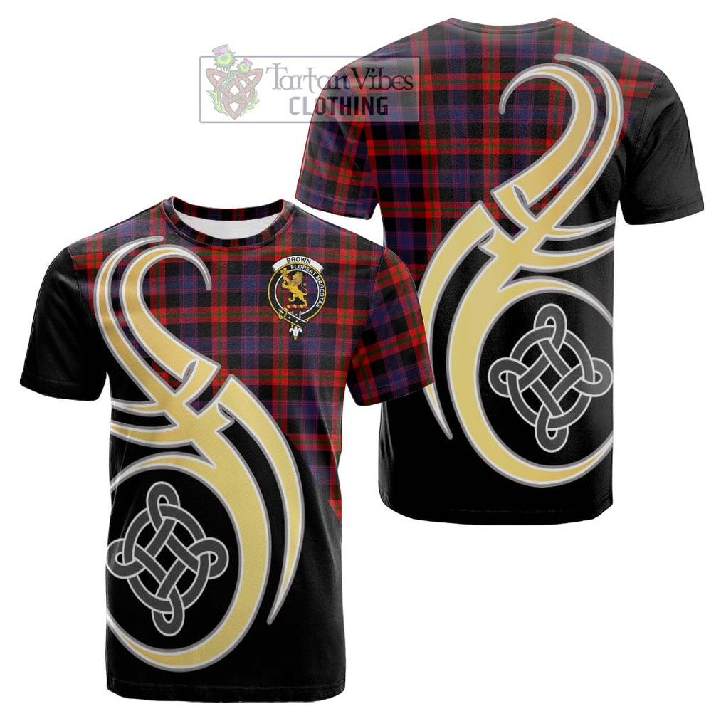 Tartan Vibes Clothing Brown Tartan Cotton T-shirt with Family Crest and Celtic Symbol Style