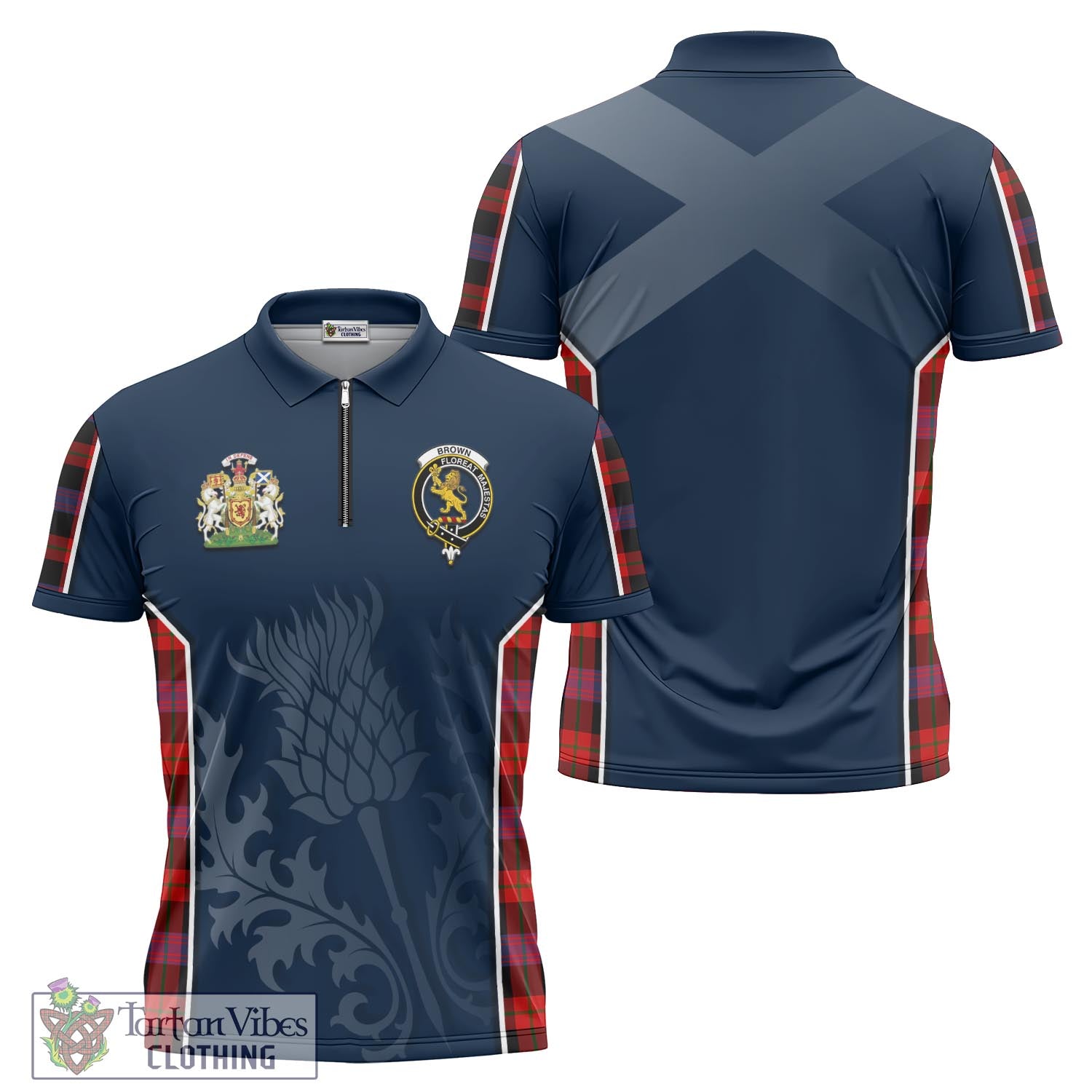 Tartan Vibes Clothing Brown Tartan Zipper Polo Shirt with Family Crest and Scottish Thistle Vibes Sport Style