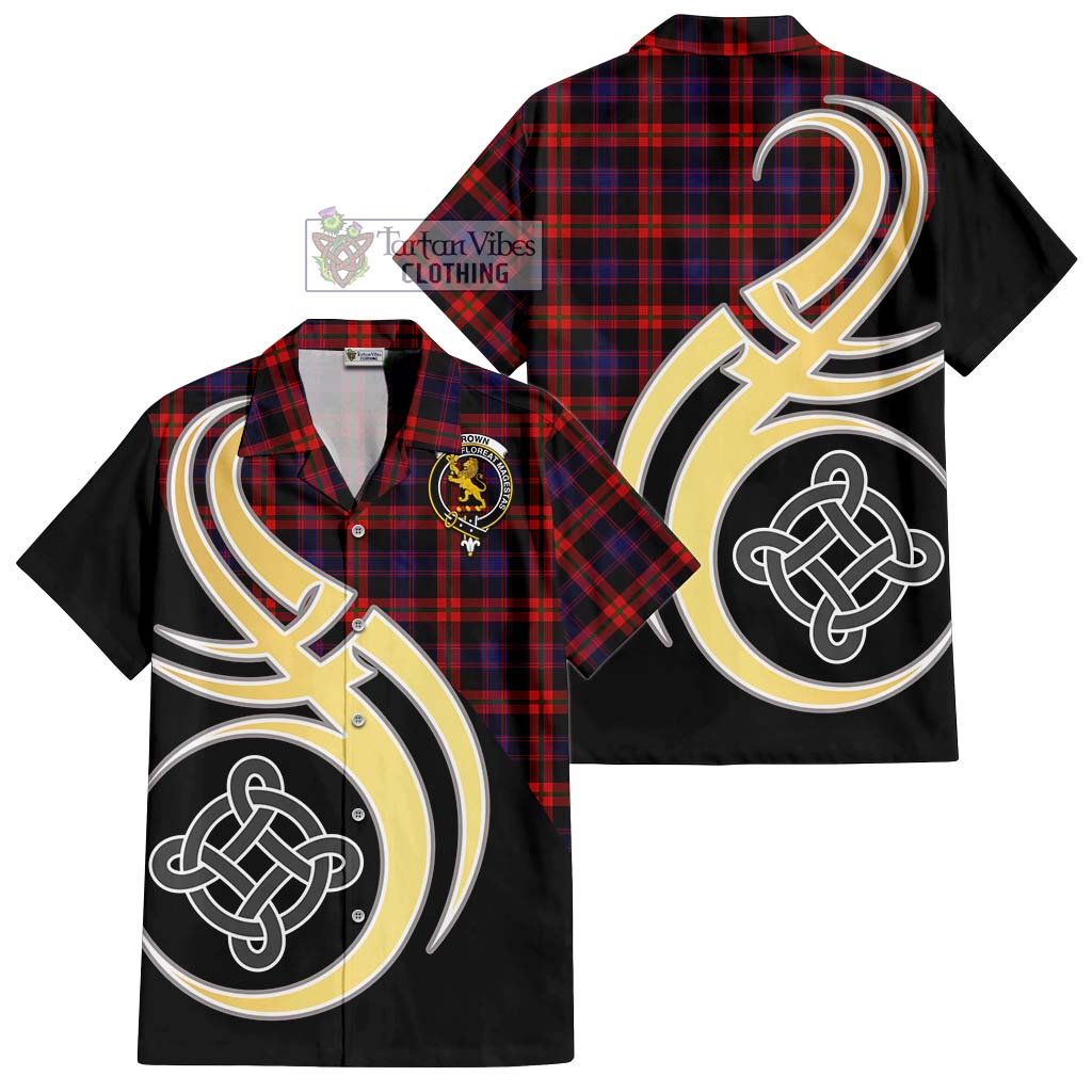 Brown (Broun) Tartan Short Sleeve Button Shirt with Family Crest and Celtic Symbol Style - Tartan Vibes Clothing