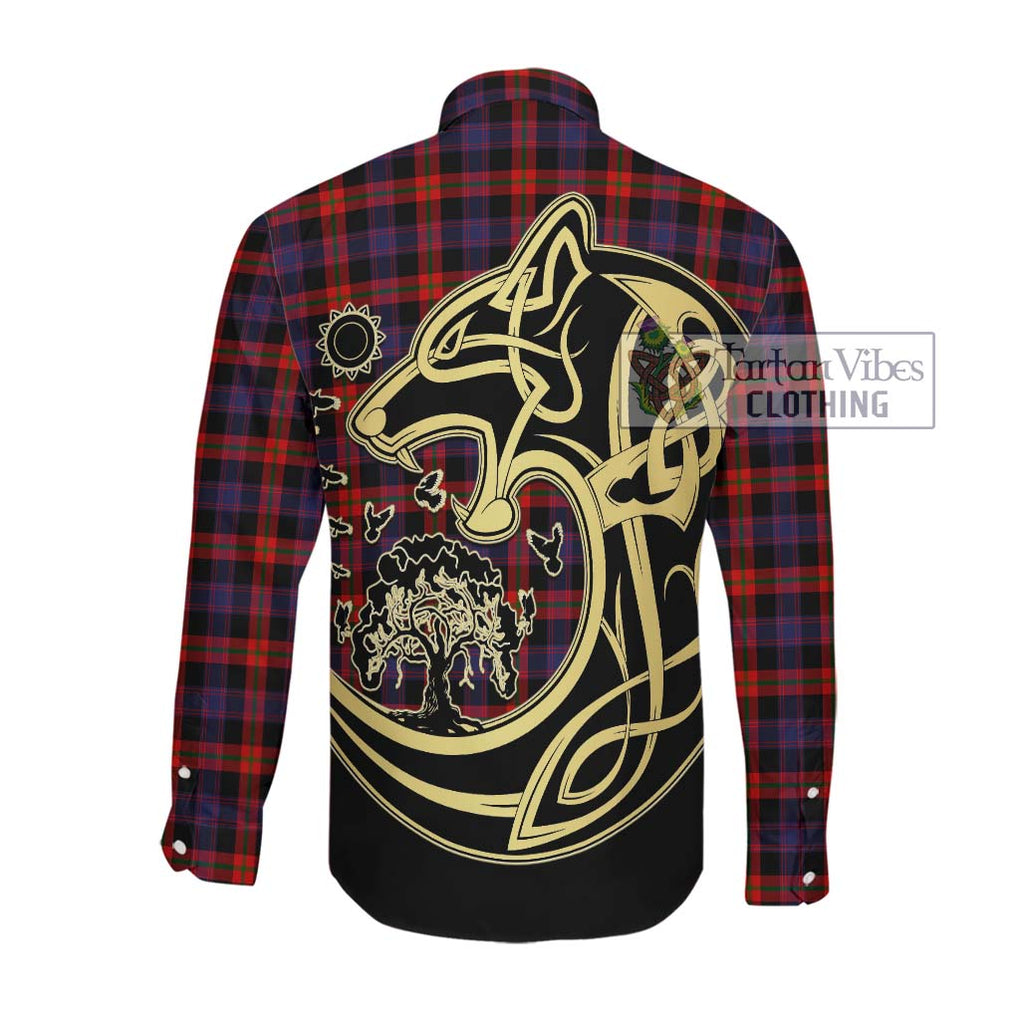 Brown (Broun) Tartan Long Sleeve Button Shirt with Family Crest Celtic Wolf Style Men's Shirt - Tartan Vibes Clothing