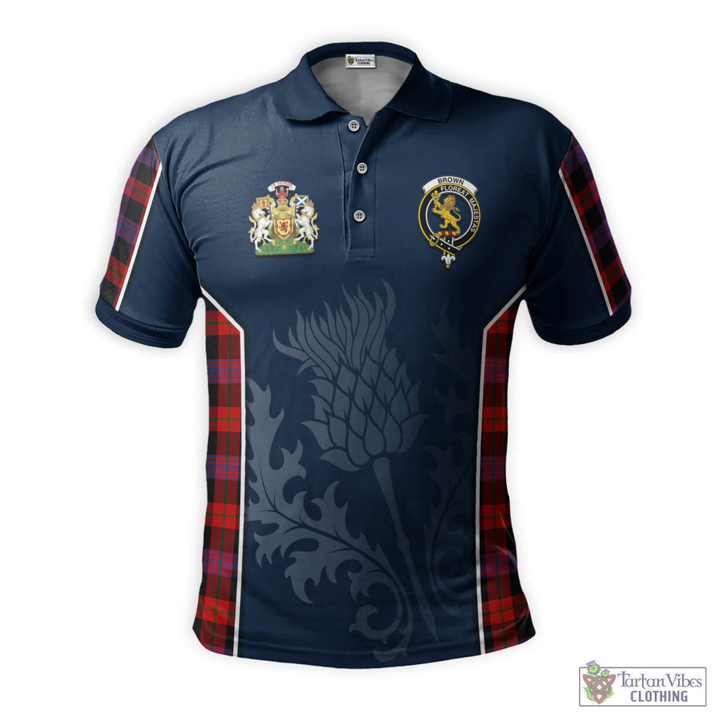 Tartan Vibes Clothing Brown Tartan Men's Polo Shirt with Family Crest and Scottish Thistle Vibes Sport Style