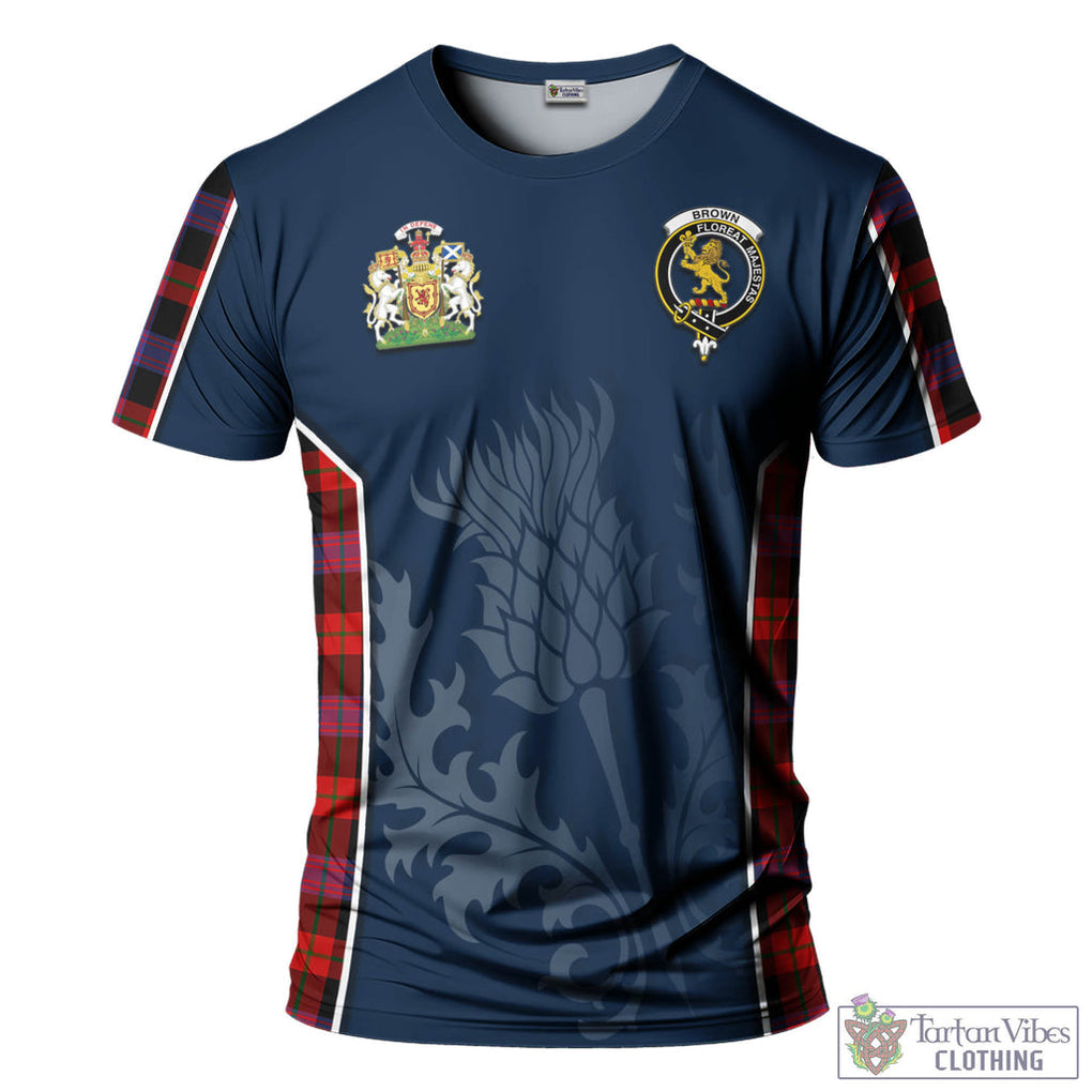 Tartan Vibes Clothing Brown Tartan T-Shirt with Family Crest and Scottish Thistle Vibes Sport Style