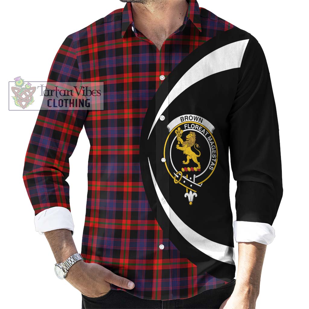 Brown (Broun) Tartan Long Sleeve Button Up with Family Crest Circle Style - Tartan Vibes Clothing