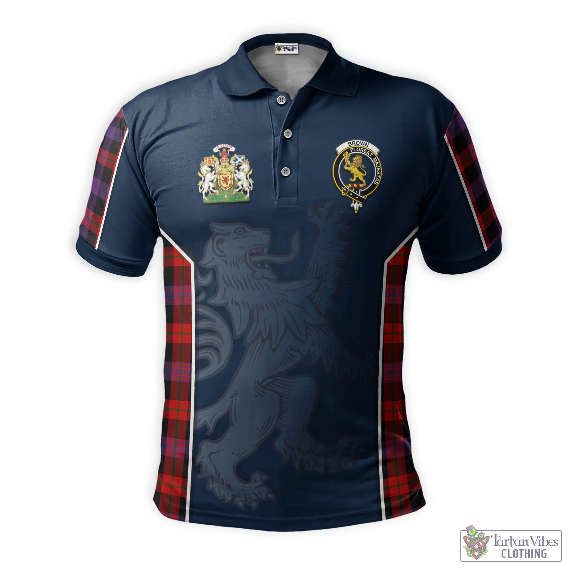 Tartan Vibes Clothing Brown Tartan Men's Polo Shirt with Family Crest and Lion Rampant Vibes Sport Style