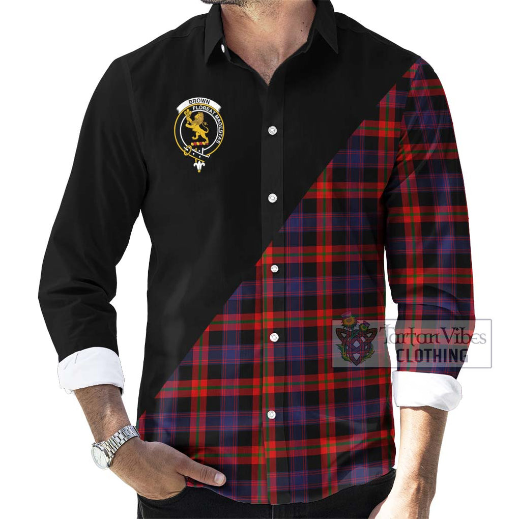 Brown (Broun) Tartan Long Sleeve Button Shirt with Family Crest and Military Logo Style - Tartanvibesclothing Shop