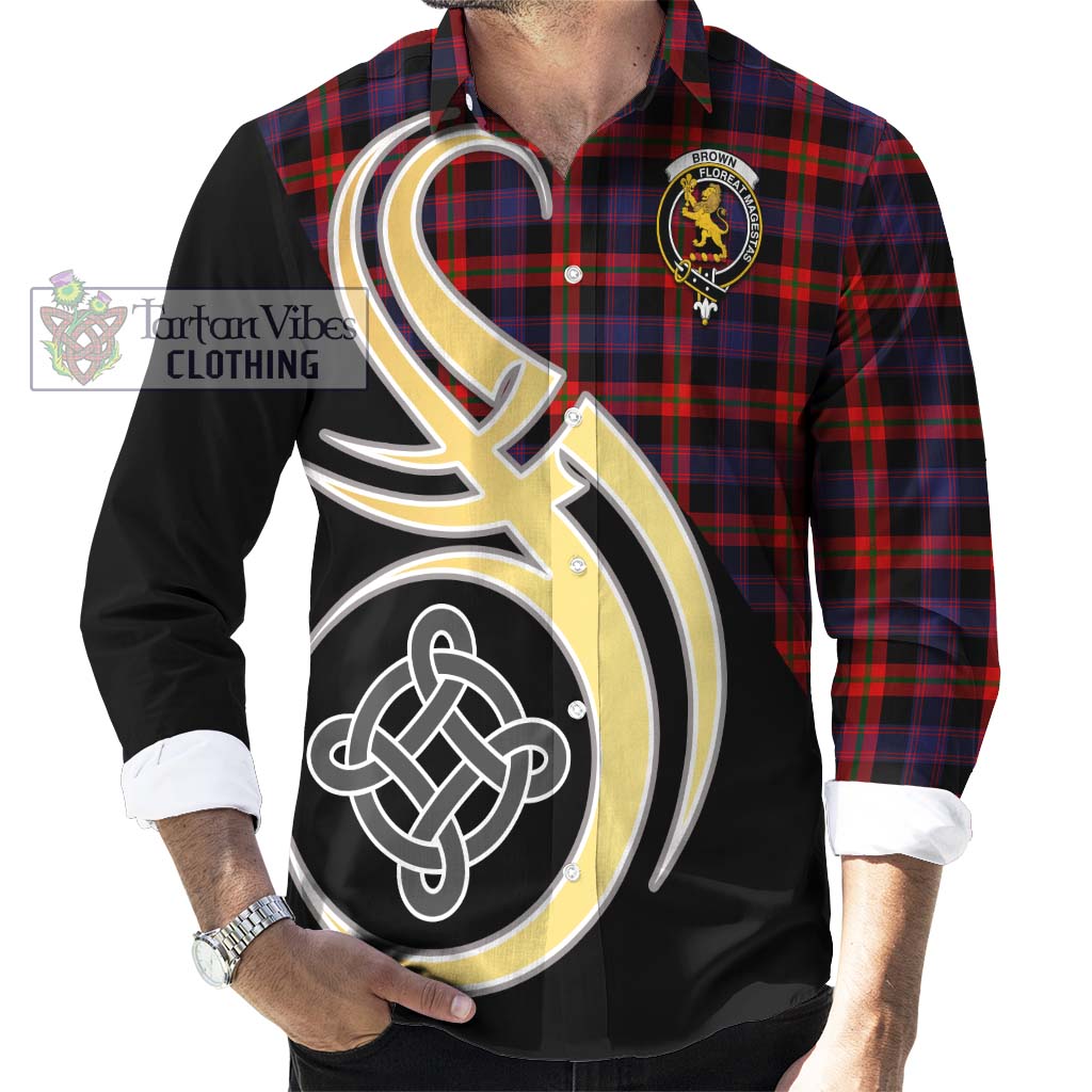 Brown (Broun) Tartan Long Sleeve Button Shirt with Family Crest and Celtic Symbol Style - Tartan Vibes Clothing