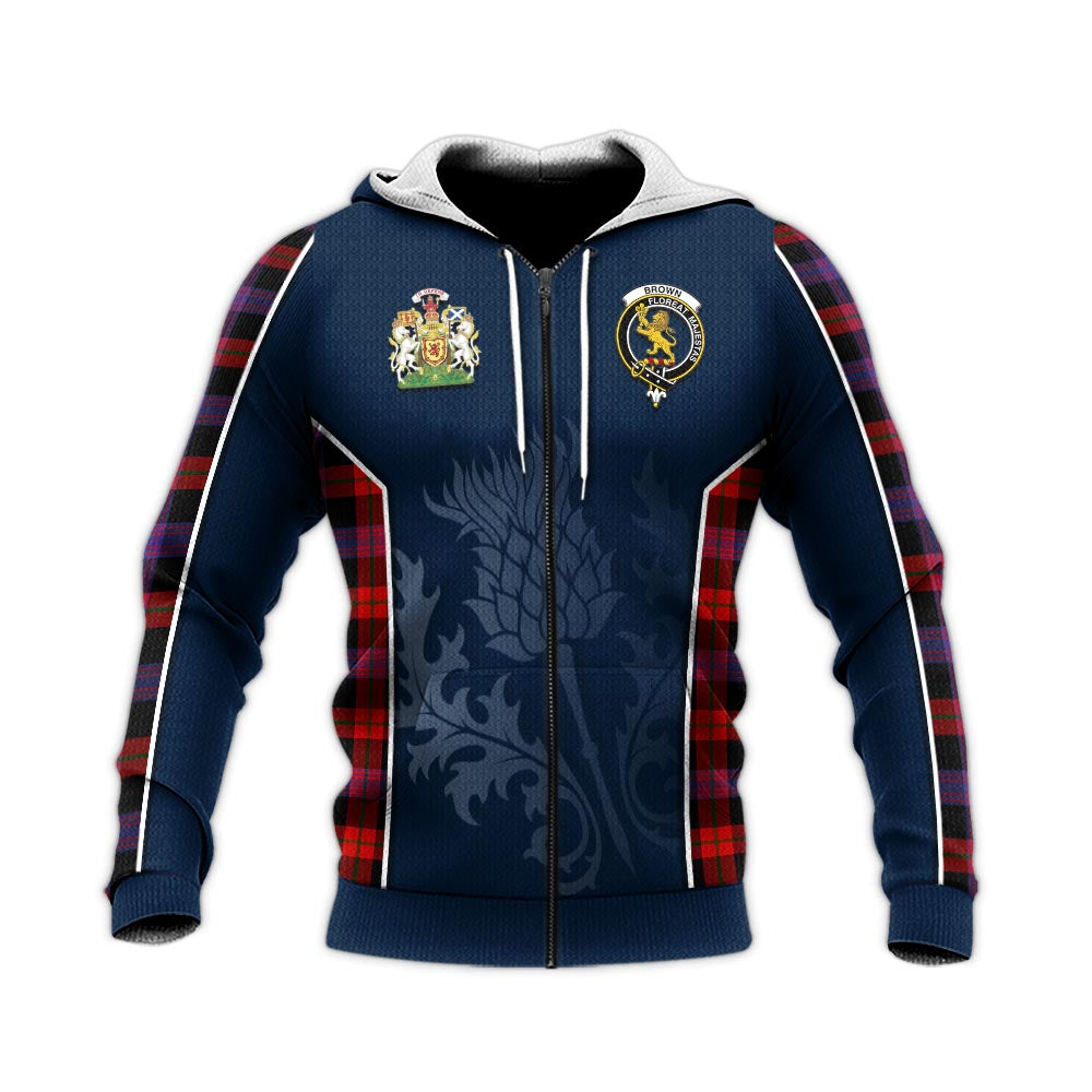 Tartan Vibes Clothing Brown Tartan Knitted Hoodie with Family Crest and Scottish Thistle Vibes Sport Style