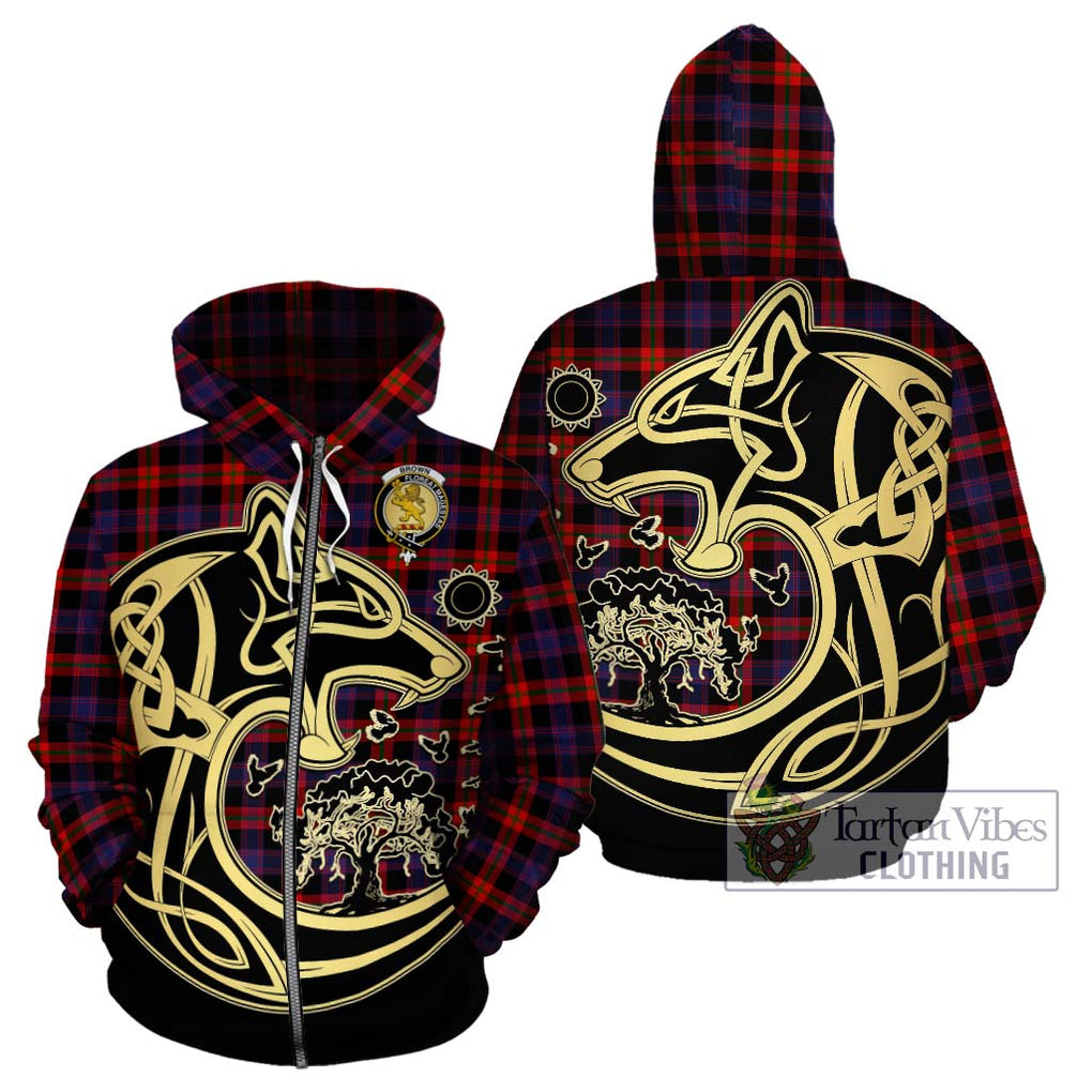 Brown (Broun) Tartan Hoodie with Family Crest Celtic Wolf Style - Tartan Vibes Clothing