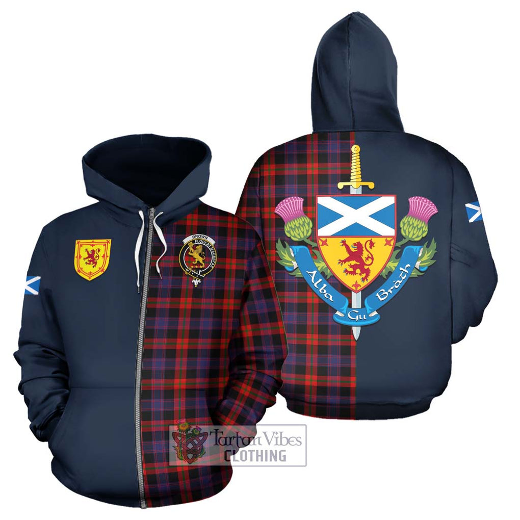 Tartan Vibes Clothing Brown Tartan Hoodie with Scottish Lion Royal Arm Half Style