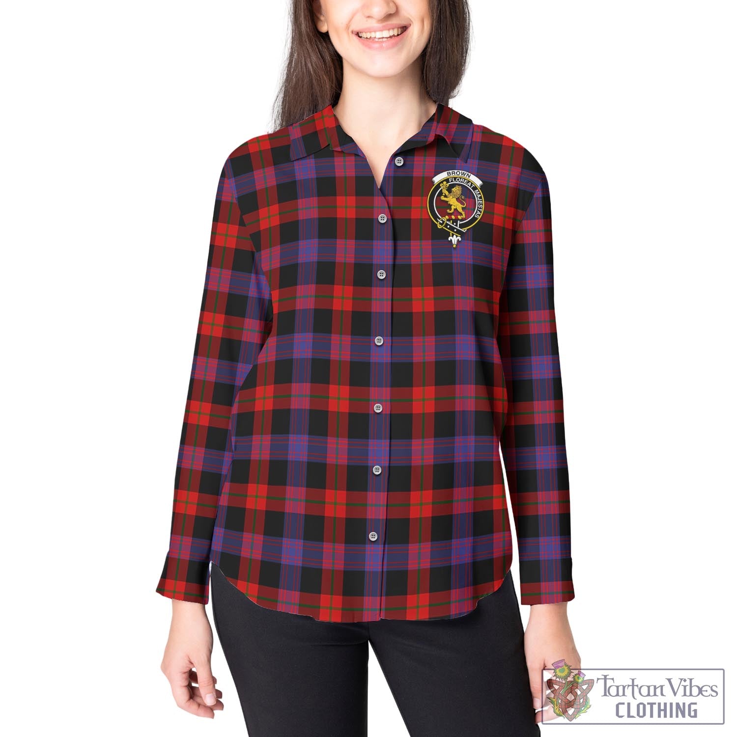 Tartan Vibes Clothing Brown Tartan Womens Casual Shirt with Family Crest