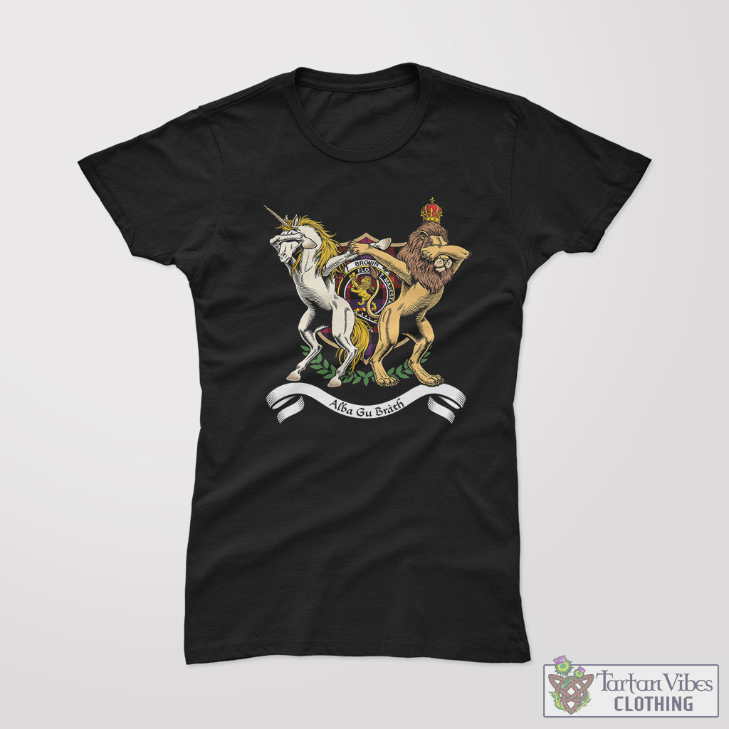 Tartan Vibes Clothing Brown Family Crest Cotton Women's T-Shirt with Scotland Royal Coat Of Arm Funny Style