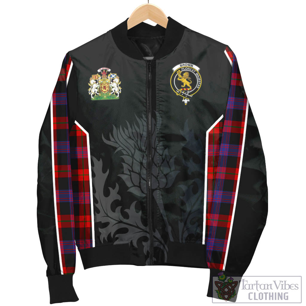 Tartan Vibes Clothing Brown Tartan Bomber Jacket with Family Crest and Scottish Thistle Vibes Sport Style