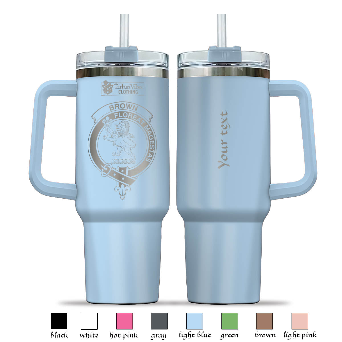 Tartan Vibes Clothing Brown Engraved Family Crest Tumbler with Handle